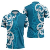 Azure Blue Maori Zipper Polo Shirt Koru Kowhaiwhai - Polynesian Pride