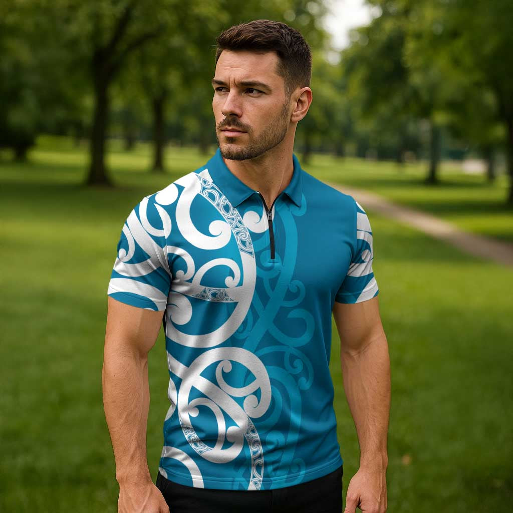 Azure Blue Maori Zipper Polo Shirt Koru Kowhaiwhai - Polynesian Pride