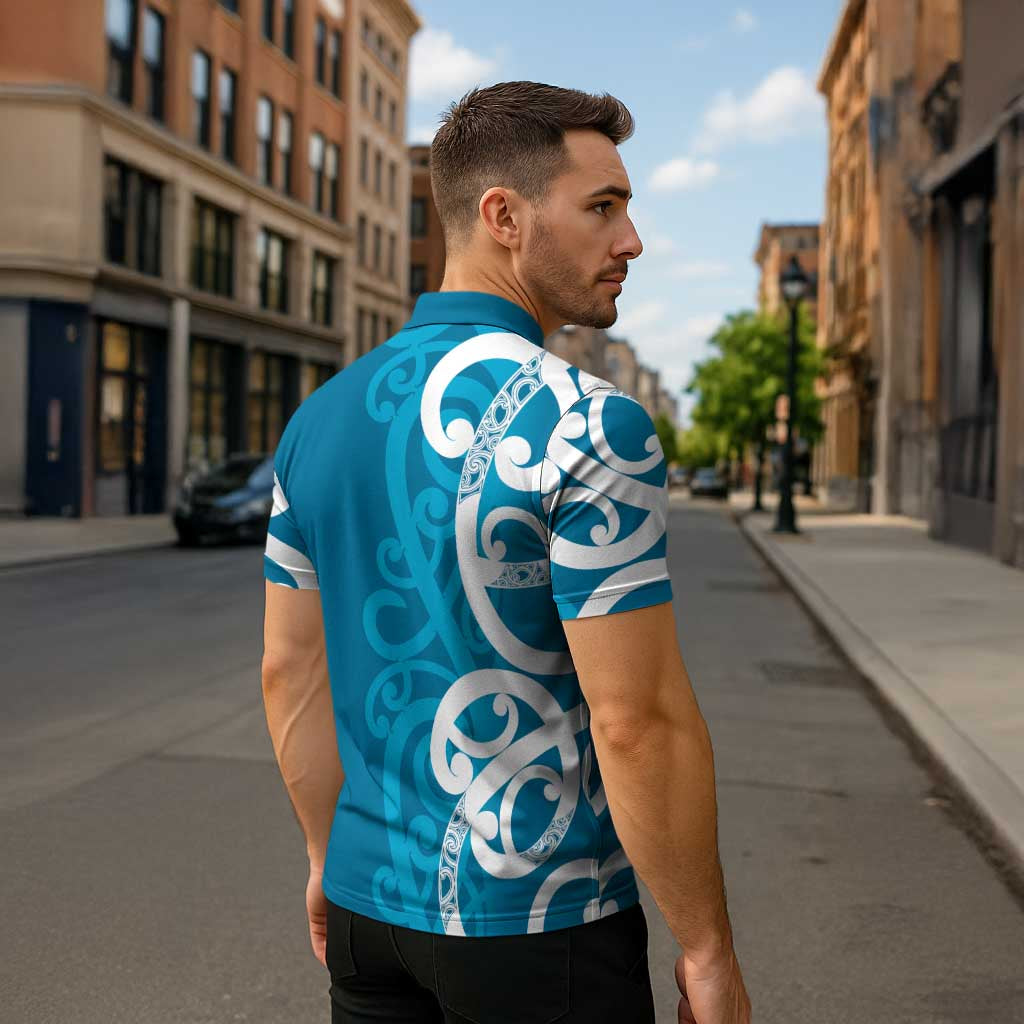 Azure Blue Maori Zipper Polo Shirt Koru Kowhaiwhai - Polynesian Pride