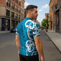 Azure Blue Maori Zipper Polo Shirt Koru Kowhaiwhai - Polynesian Pride