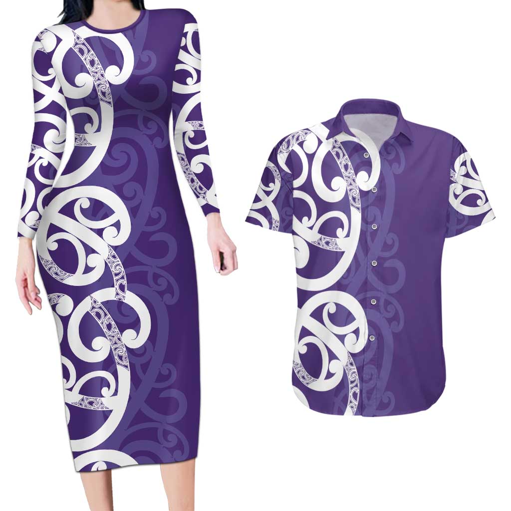 Violet Green Maori Couples Matching Long Sleeve Bodycon Dress and Hawaiian Shirt Koru Kowhaiwhai - Polynesian Pride