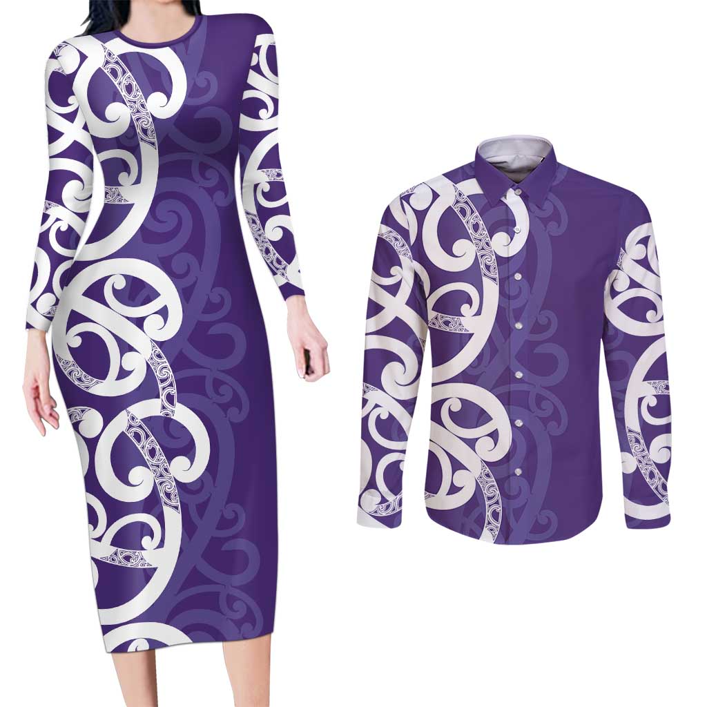 Violet Green Maori Couples Matching Long Sleeve Bodycon Dress and Long Sleeve Button Shirt Koru Kowhaiwhai LT7 Violet - Polynesian Pride