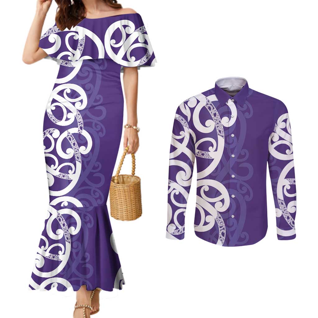 Violet Green Maori Couples Matching Mermaid Dress and Long Sleeve Button Shirt Koru Kowhaiwhai - Polynesian Pride
