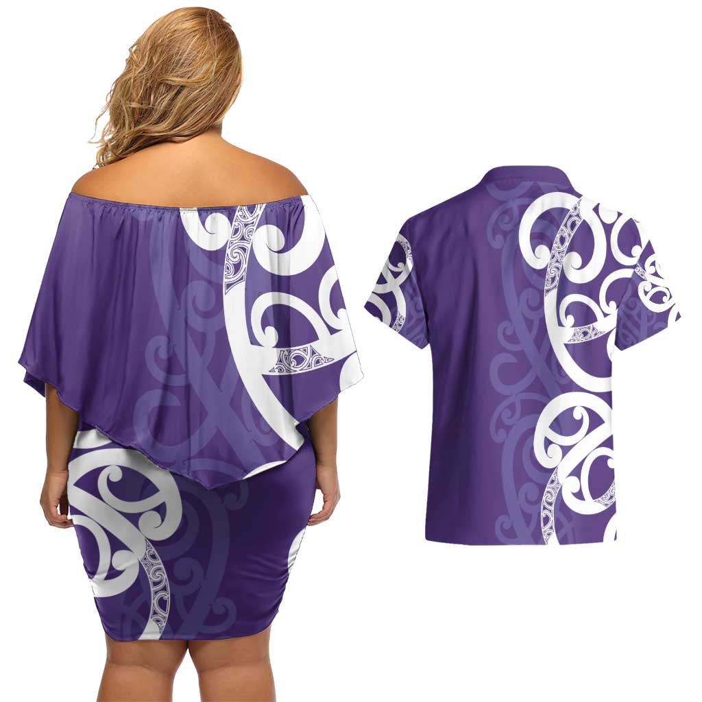 Violet Green Maori Couples Matching Off Shoulder Short Dress and Hawaiian Shirt Koru Kowhaiwhai - Polynesian Pride