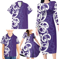 Violet Green Maori Family Matching Long Sleeve Bodycon Dress and Hawaiian Shirt Koru Kowhaiwhai - Polynesian Pride