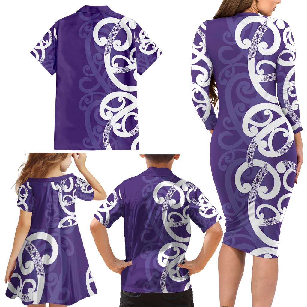 Violet Green Maori Family Matching Long Sleeve Bodycon Dress and Hawaiian Shirt Koru Kowhaiwhai - Polynesian Pride