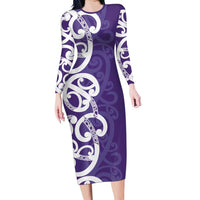 Violet Green Maori Family Matching Long Sleeve Bodycon Dress and Hawaiian Shirt Koru Kowhaiwhai - Polynesian Pride
