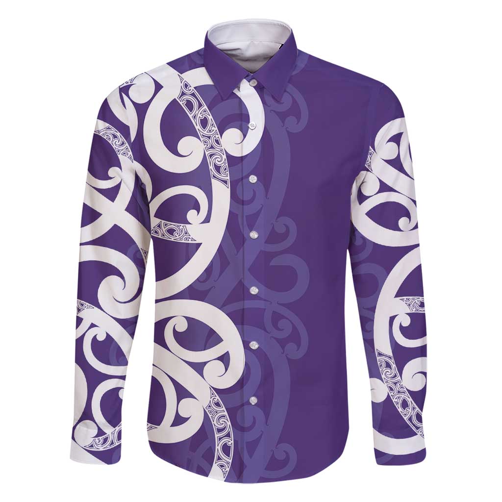 Violet Green Maori Family Matching Mermaid Dress and Hawaiian Shirt Koru Kowhaiwhai LT7 Dad's Shirt - Long Sleeve Violet - Polynesian Pride