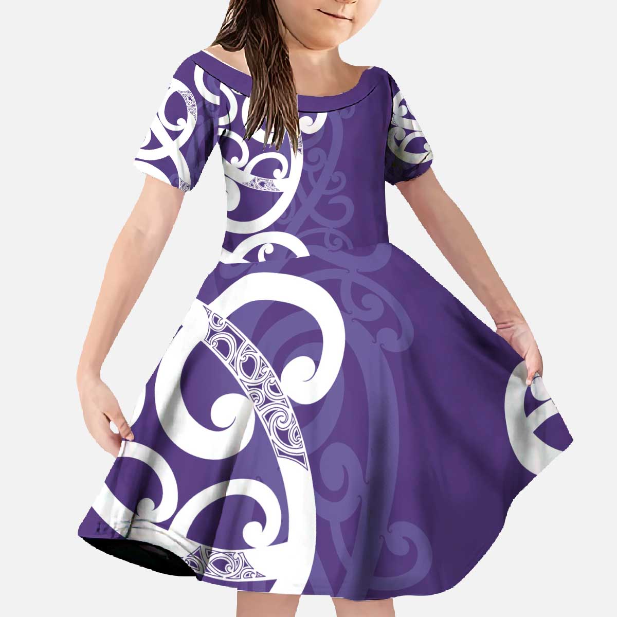Violet Green Maori Family Matching Off The Shoulder Long Sleeve Dress and Hawaiian Shirt Koru Kowhaiwhai LT7 Daughter's Dress Violet - Polynesian Pride