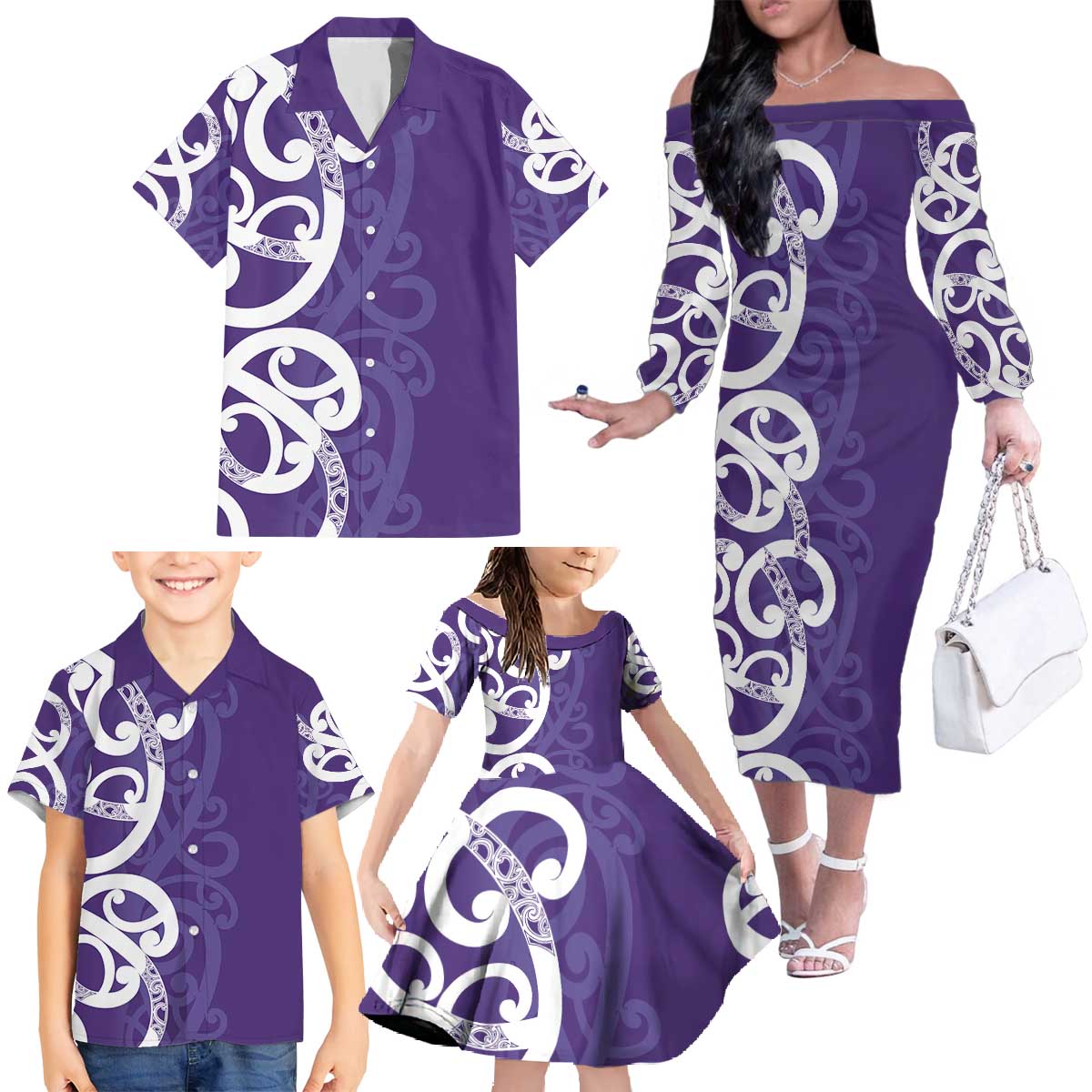 Violet Green Maori Family Matching Off The Shoulder Long Sleeve Dress and Hawaiian Shirt Koru Kowhaiwhai - Polynesian Pride