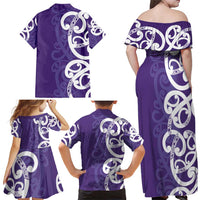 Violet Green Maori Family Matching Off Shoulder Maxi Dress and Hawaiian Shirt Koru Kowhaiwhai - Polynesian Pride