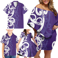 Violet Green Maori Family Matching Off Shoulder Short Dress and Hawaiian Shirt Koru Kowhaiwhai - Polynesian Pride