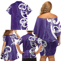 Violet Green Maori Family Matching Off Shoulder Short Dress and Hawaiian Shirt Koru Kowhaiwhai - Polynesian Pride