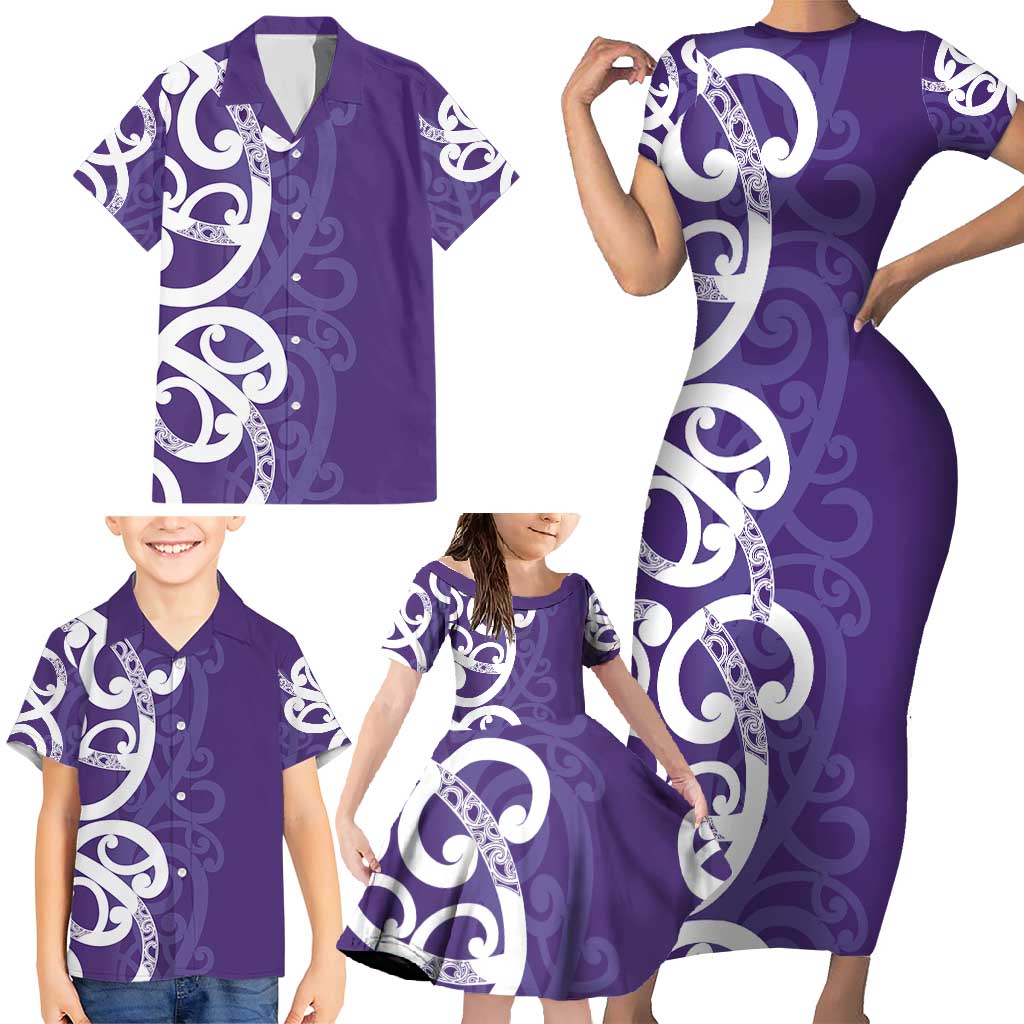 Violet Green Maori Family Matching Short Sleeve Bodycon Dress and Hawaiian Shirt Koru Kowhaiwhai - Polynesian Pride