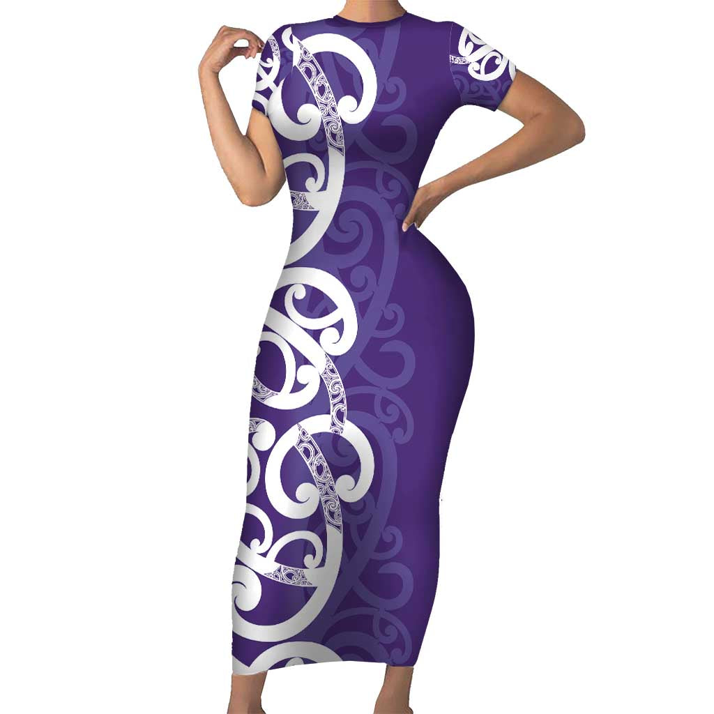 Violet Green Maori Family Matching Short Sleeve Bodycon Dress and Hawaiian Shirt Koru Kowhaiwhai - Polynesian Pride