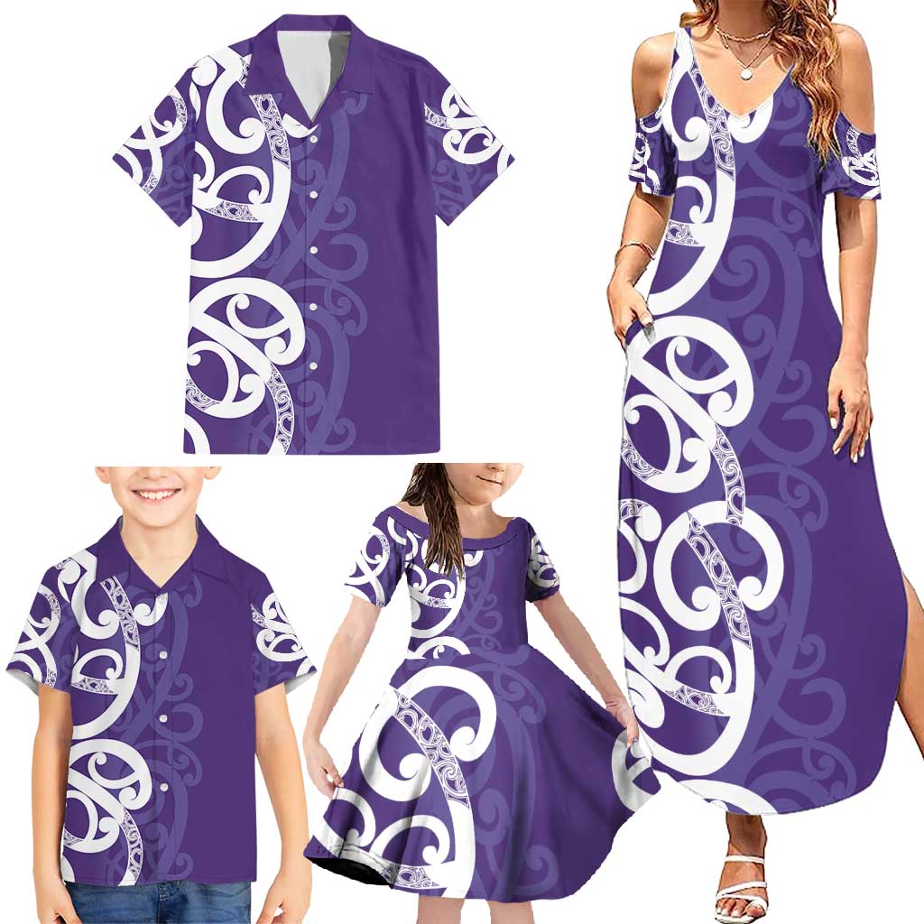 Violet Green Maori Family Matching Summer Maxi Dress and Hawaiian Shirt Koru Kowhaiwhai - Polynesian Pride