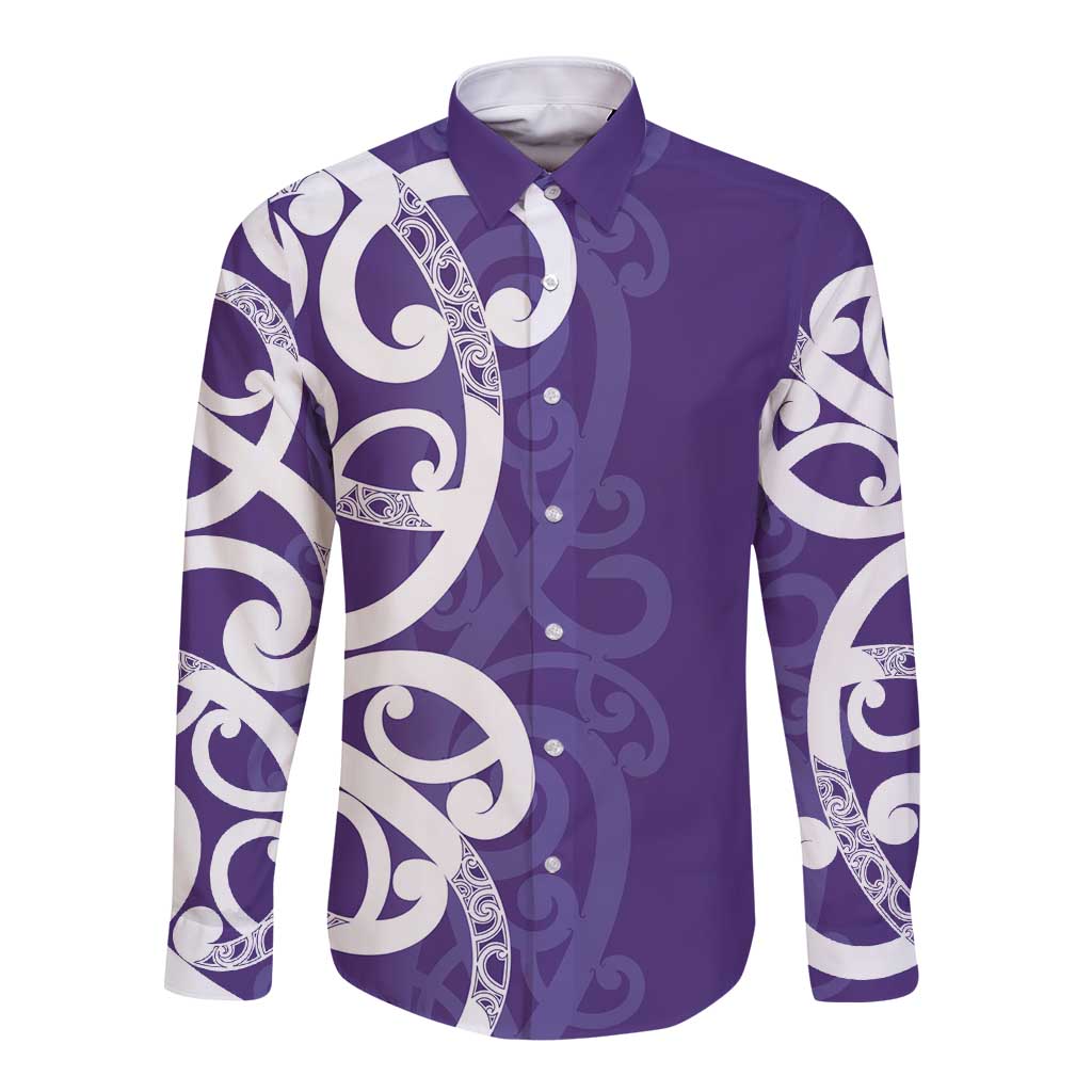 Violet Green Maori Long Sleeve Button Shirt Koru Kowhaiwhai - Polynesian Pride