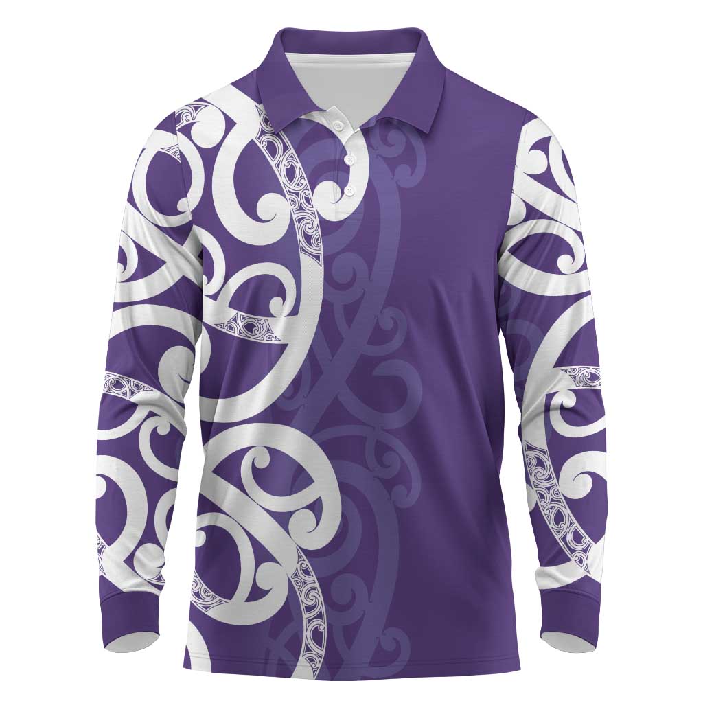 Violet Green Maori Long Sleeve Polo Shirt Koru Kowhaiwhai - Polynesian Pride