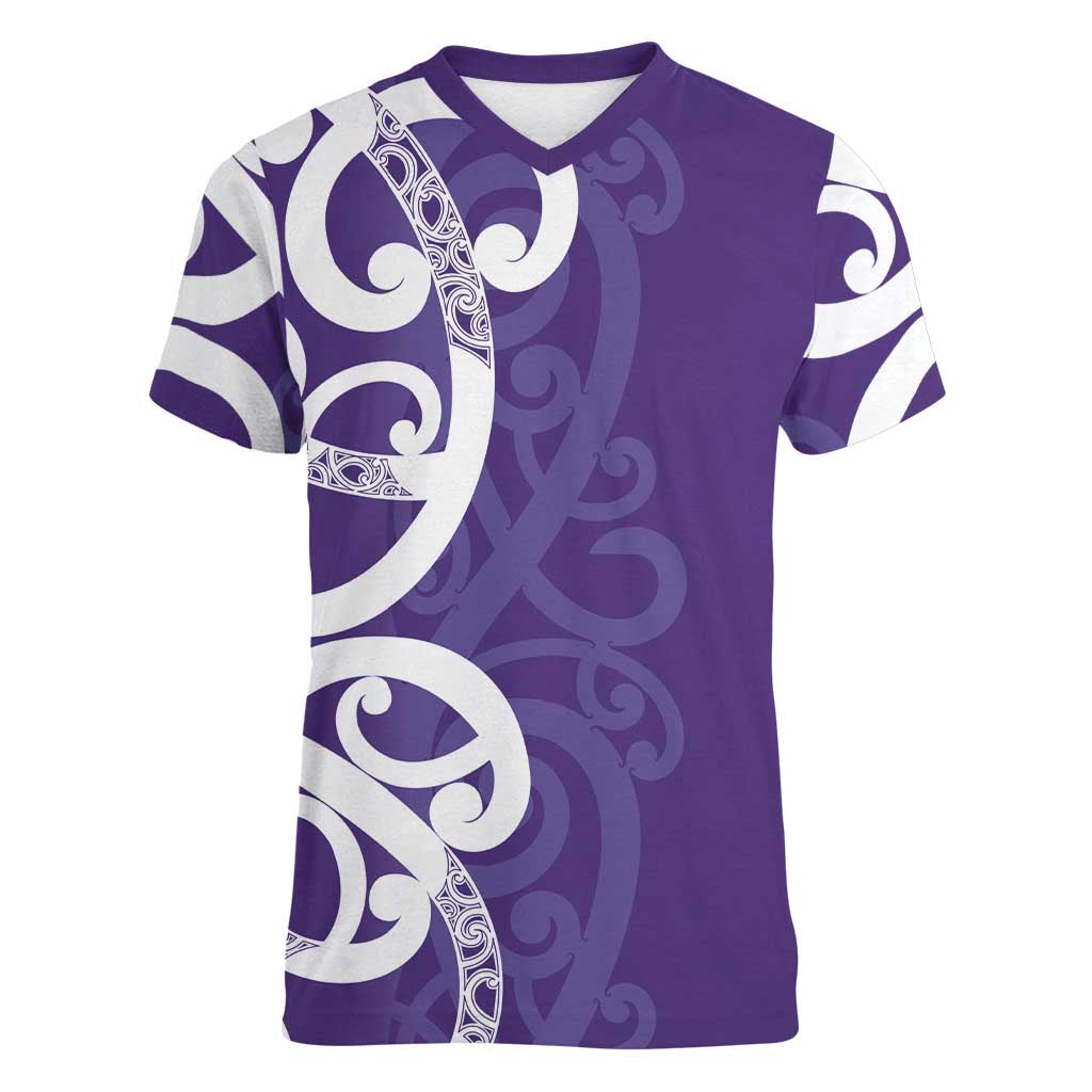 Violet Green Maori Women V-Neck T-Shirt Koru Kowhaiwhai - Polynesian Pride