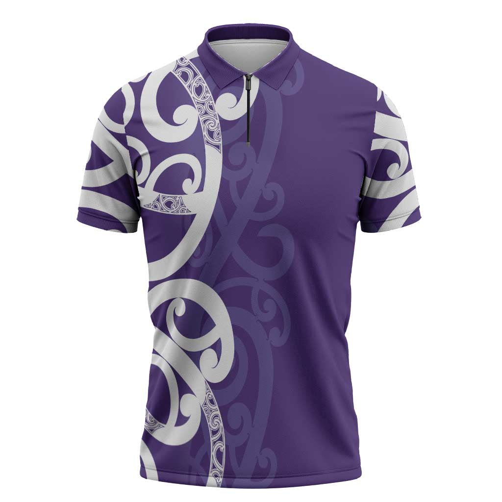 Violet Green Maori Zipper Polo Shirt Koru Kowhaiwhai - Polynesian Pride
