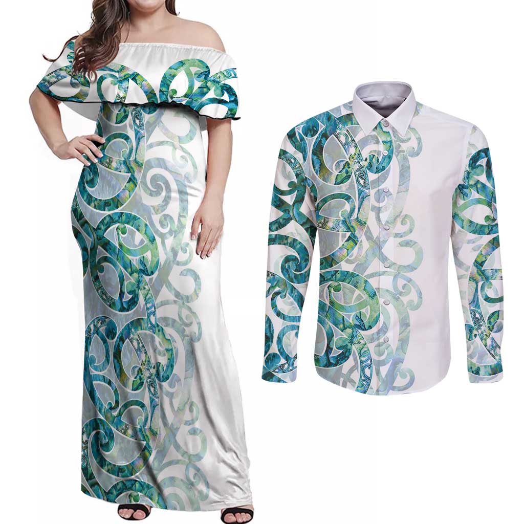 Paua Shell Maori Couples Matching Off Shoulder Maxi Dress and Long Sleeve Button Shirt Koru Kowhaiwhai - Polynesian Pride