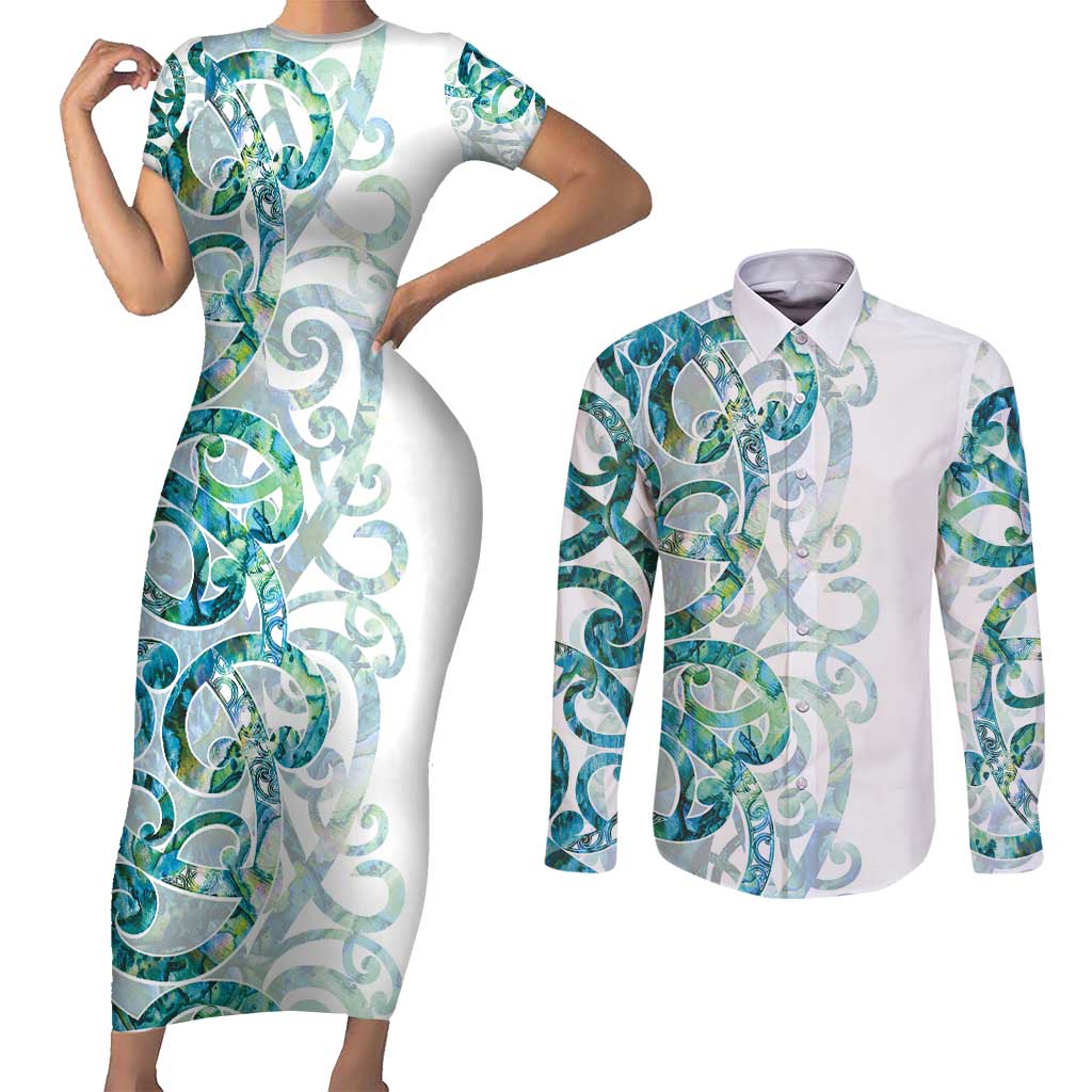 Paua Shell Maori Couples Matching Short Sleeve Bodycon Dress and Long Sleeve Button Shirt Koru Kowhaiwhai - Polynesian Pride