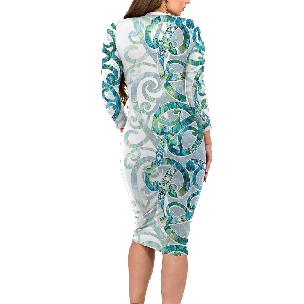 Paua Shell Maori Family Matching Long Sleeve Bodycon Dress and Hawaiian Shirt Koru Kowhaiwhai - Polynesian Pride
