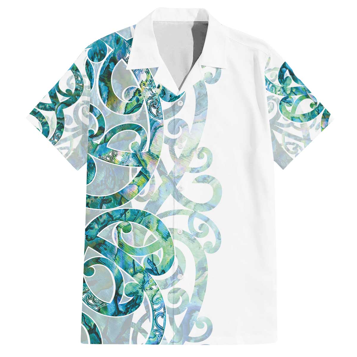Paua Shell Maori Family Matching Off The Shoulder Long Sleeve Dress and Hawaiian Shirt Koru Kowhaiwhai LT7 Dad's Shirt - Short Sleeve White - Polynesian Pride