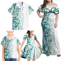 Paua Shell Maori Family Matching Off Shoulder Maxi Dress and Hawaiian Shirt Koru Kowhaiwhai - Polynesian Pride