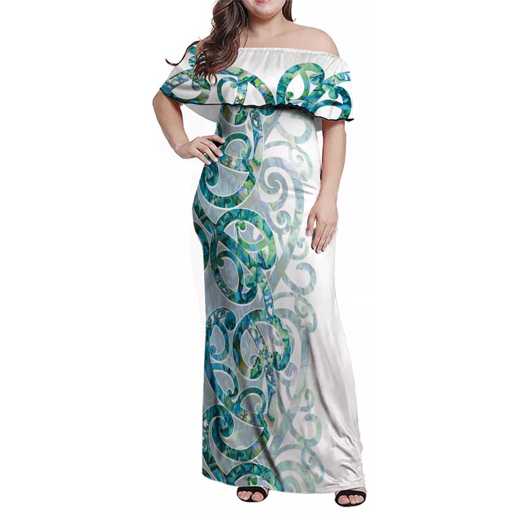 Paua Shell Maori Family Matching Off Shoulder Maxi Dress and Hawaiian Shirt Koru Kowhaiwhai - Polynesian Pride