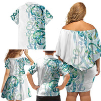 Paua Shell Maori Family Matching Off Shoulder Short Dress and Hawaiian Shirt Koru Kowhaiwhai - Polynesian Pride