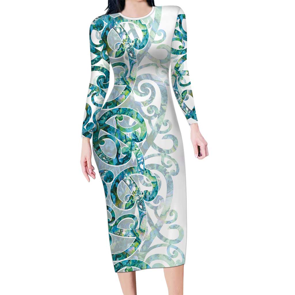 Paua Shell Maori Long Sleeve Bodycon Dress Koru Kowhaiwhai - Polynesian Pride