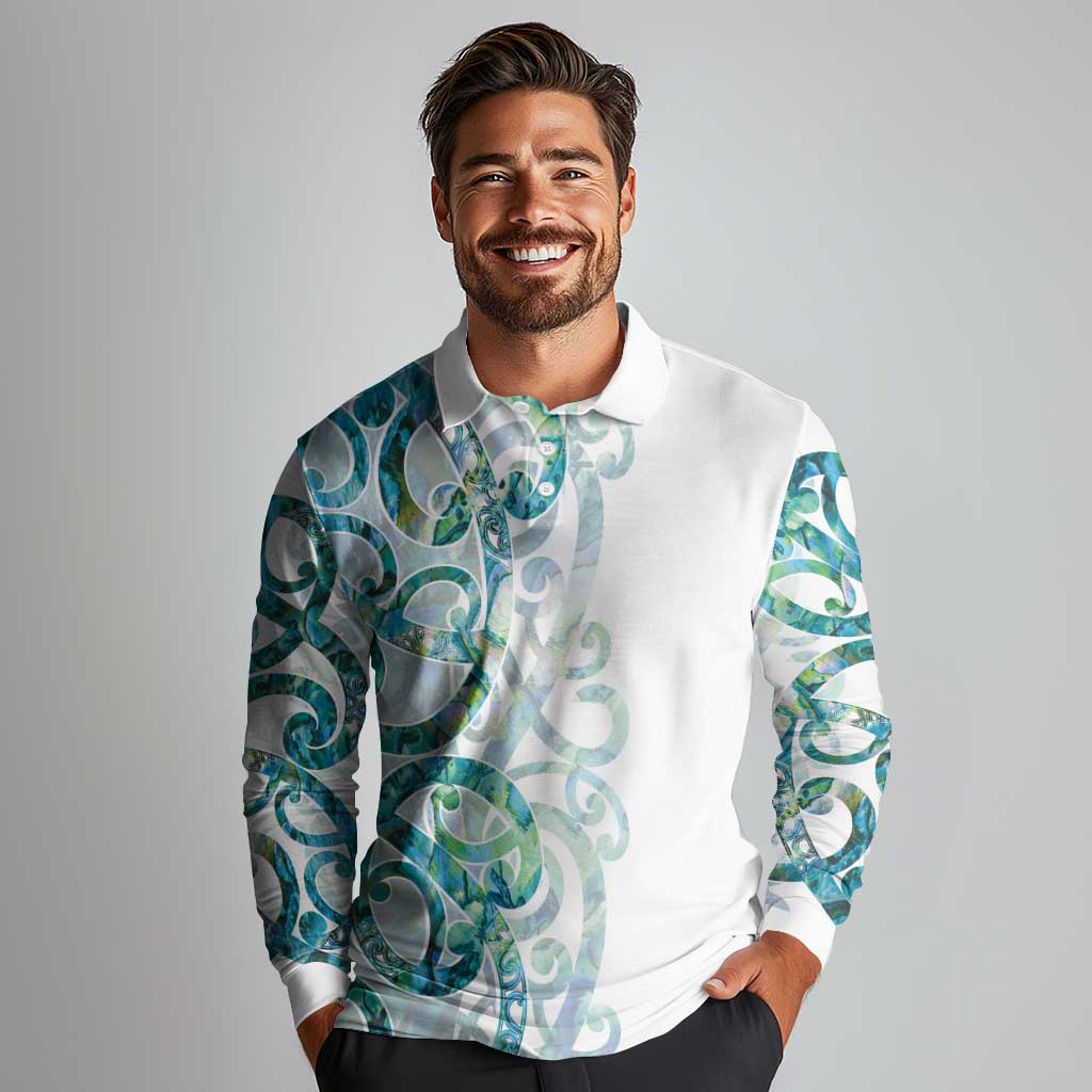 Paua Shell Maori Long Sleeve Polo Shirt Koru Kowhaiwhai - Polynesian Pride