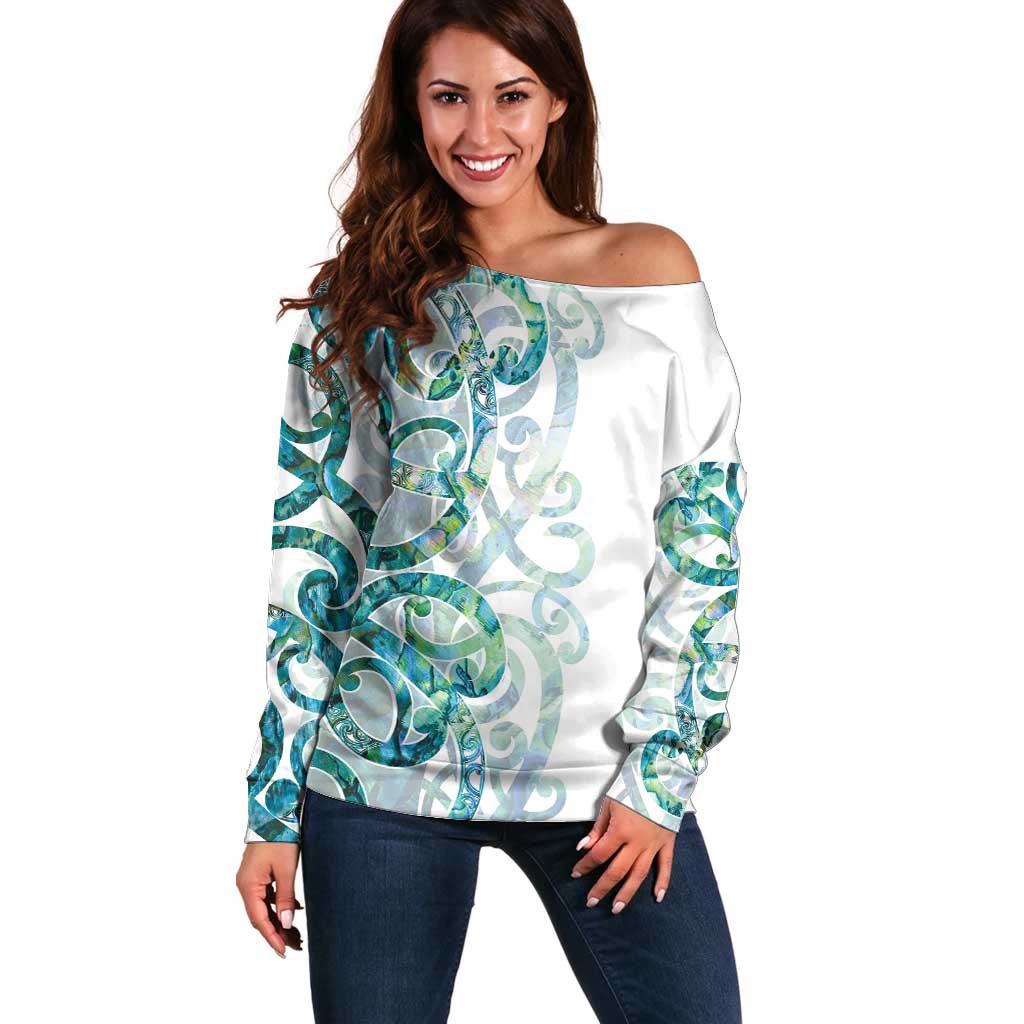 Paua Shell Maori Off Shoulder Sweater Koru Kowhaiwhai - Polynesian Pride