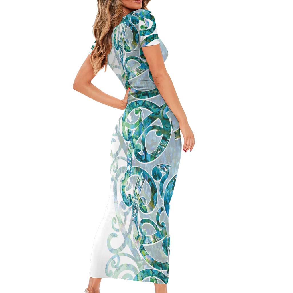 Paua Shell Maori Short Sleeve Bodycon Dress Koru Kowhaiwhai - Polynesian Pride