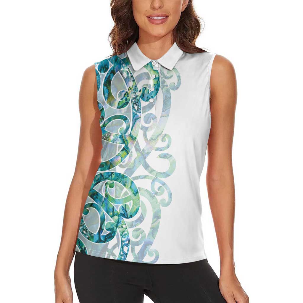 Paua Shell Maori Women Sleeveless Polo Shirt Koru Kowhaiwhai - Polynesian Pride