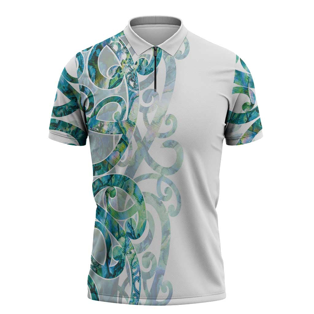 Paua Shell Maori Zipper Polo Shirt Koru Kowhaiwhai - Polynesian Pride