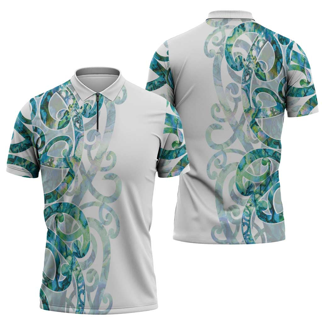 Paua Shell Maori Zipper Polo Shirt Koru Kowhaiwhai - Polynesian Pride