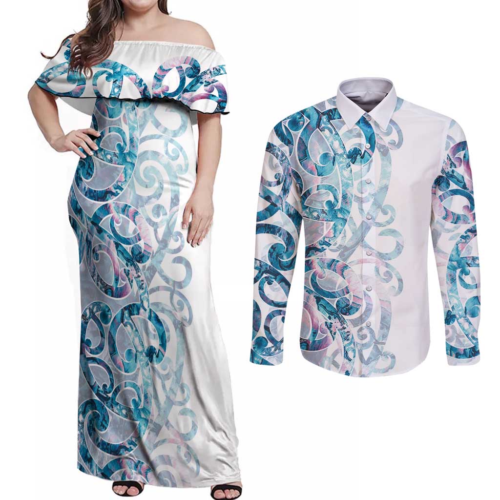 Turquoise Paua Shell Maori Couples Matching Off Shoulder Maxi Dress and Long Sleeve Button Shirt Koru Kowhaiwhai - Polynesian Pride