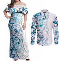 Turquoise Paua Shell Maori Couples Matching Off Shoulder Maxi Dress and Long Sleeve Button Shirt Koru Kowhaiwhai - Polynesian Pride