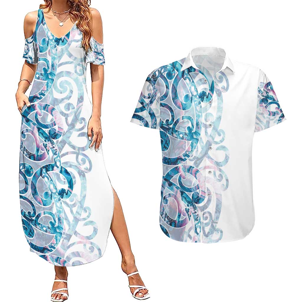 Turquoise Paua Shell Maori Couples Matching Summer Maxi Dress and Hawaiian Shirt Koru Kowhaiwhai - Polynesian Pride