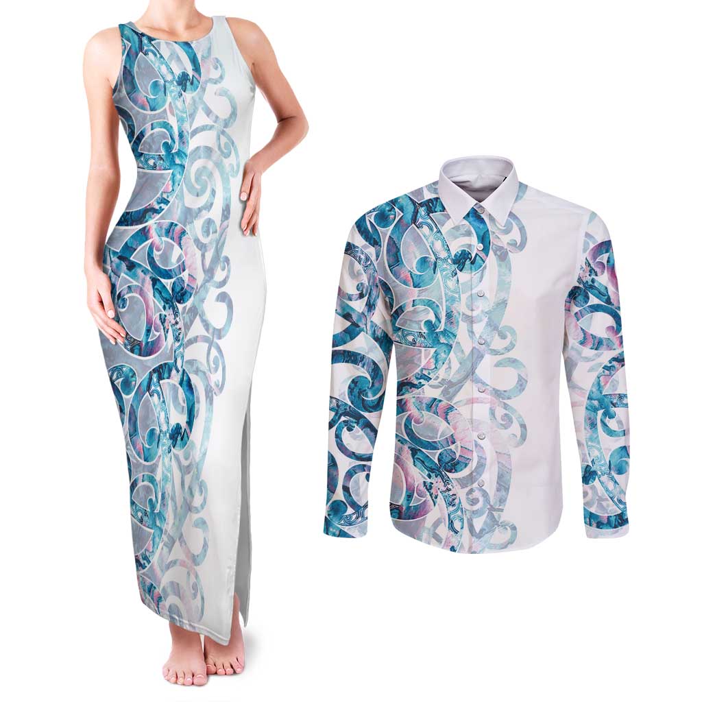 Turquoise Paua Shell Maori Couples Matching Tank Maxi Dress and Long Sleeve Button Shirt Koru Kowhaiwhai LT7 White - Polynesian Pride