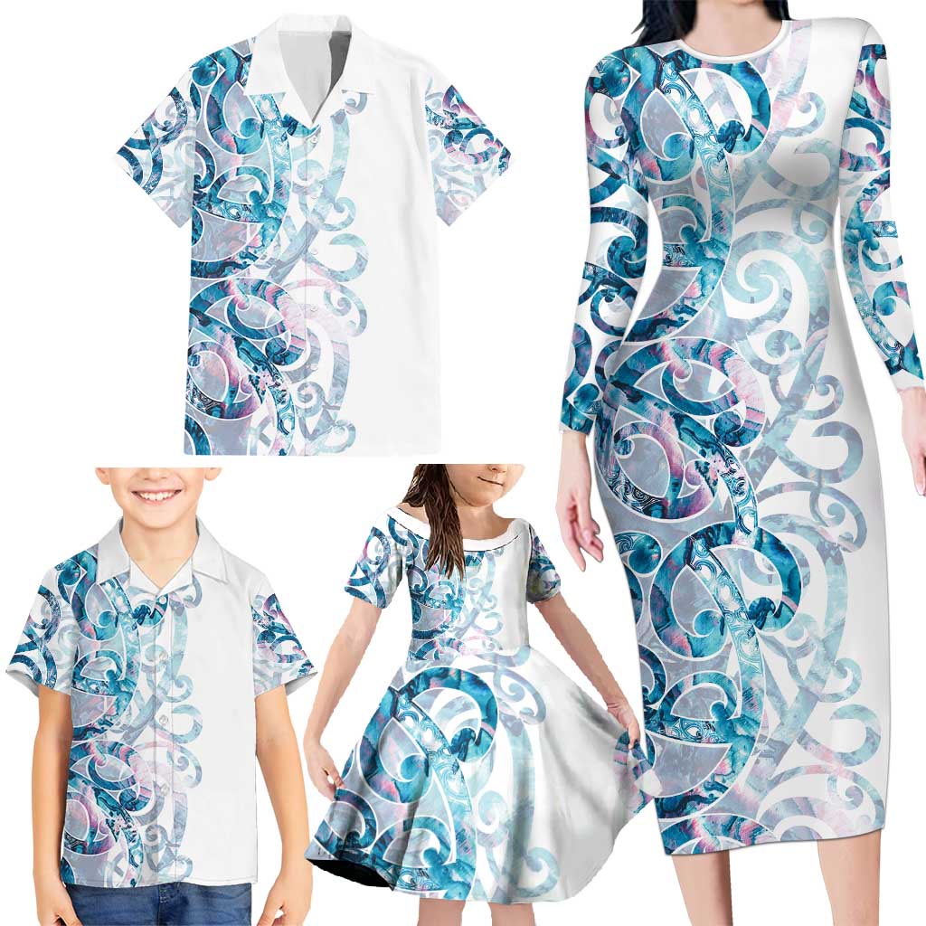 Turquoise Paua Shell Maori Family Matching Long Sleeve Bodycon Dress and Hawaiian Shirt Koru Kowhaiwhai - Polynesian Pride