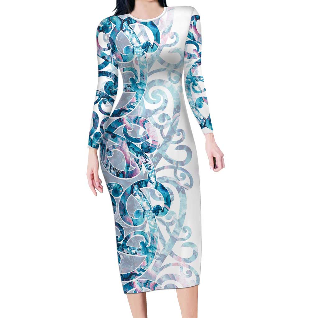 Turquoise Paua Shell Maori Family Matching Long Sleeve Bodycon Dress and Hawaiian Shirt Koru Kowhaiwhai - Polynesian Pride