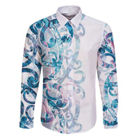 Turquoise Paua Shell Maori Family Matching Off The Shoulder Long Sleeve Dress and Hawaiian Shirt Koru Kowhaiwhai LT7 Dad's Shirt - Long Sleeve White - Polynesian Pride