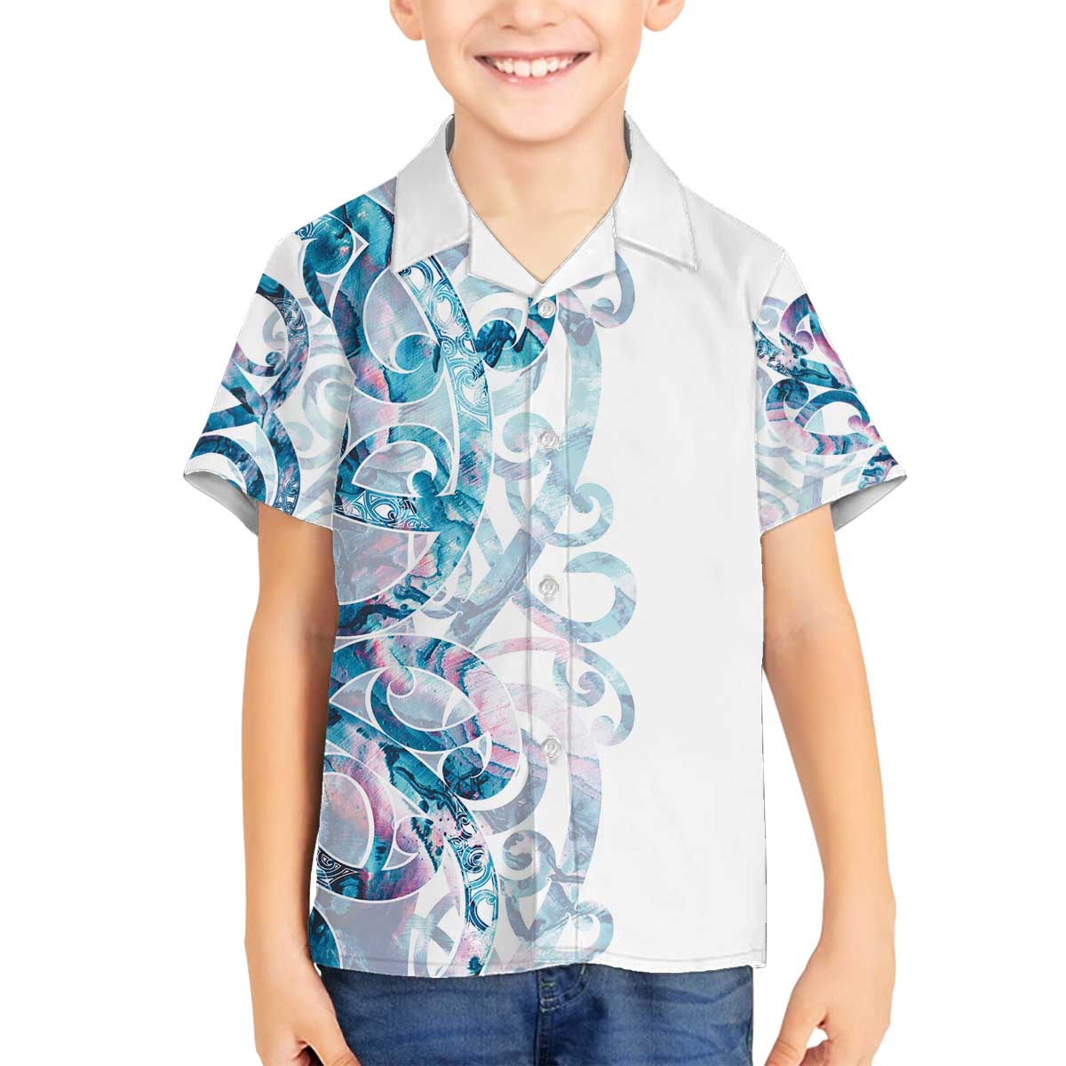 Turquoise Paua Shell Maori Family Matching Off The Shoulder Long Sleeve Dress and Hawaiian Shirt Koru Kowhaiwhai LT7 Son's Shirt White - Polynesian Pride