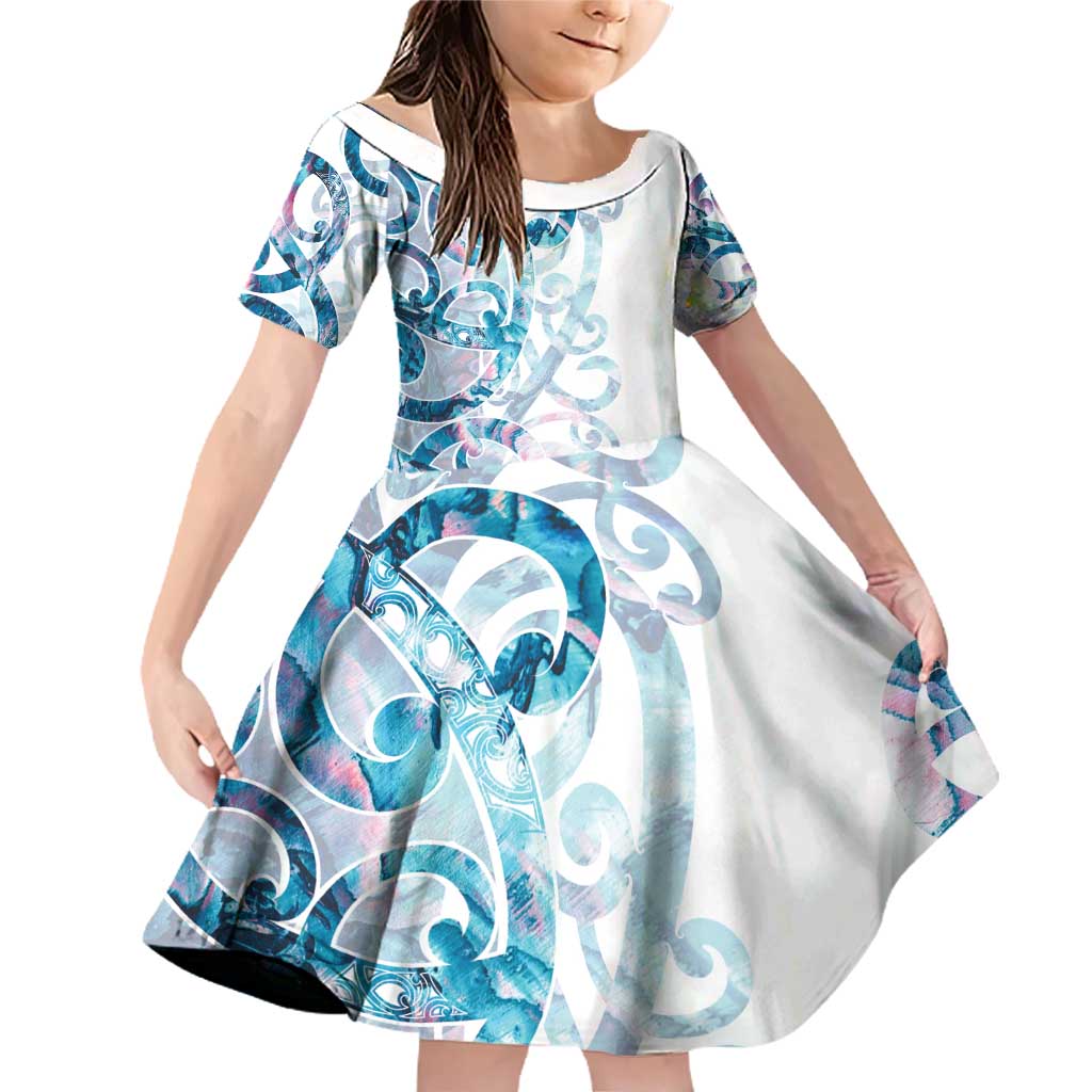 Turquoise Paua Shell Maori Family Matching Off Shoulder Short Dress and Hawaiian Shirt Koru Kowhaiwhai - Polynesian Pride