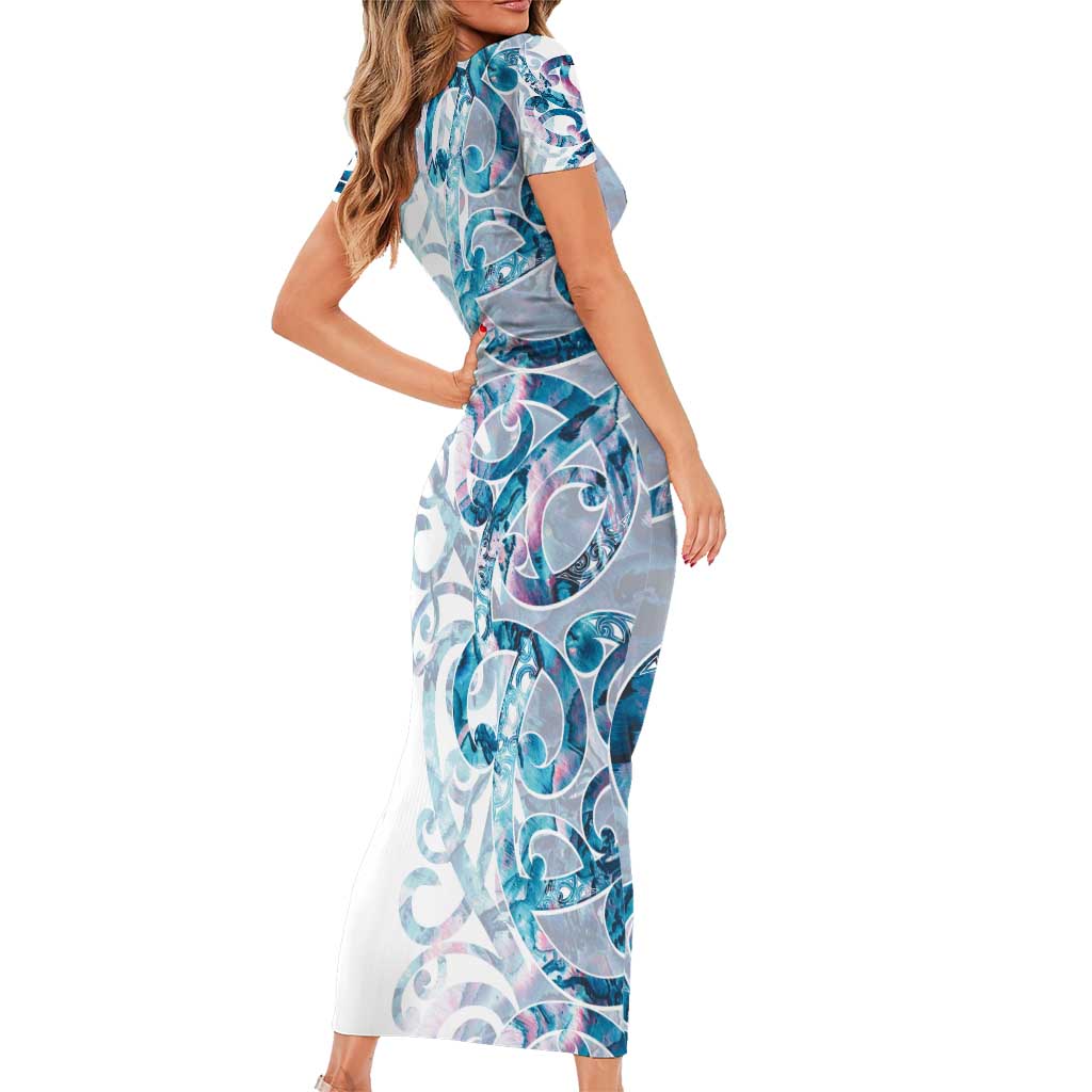 Turquoise Paua Shell Maori Family Matching Short Sleeve Bodycon Dress and Hawaiian Shirt Koru Kowhaiwhai - Polynesian Pride