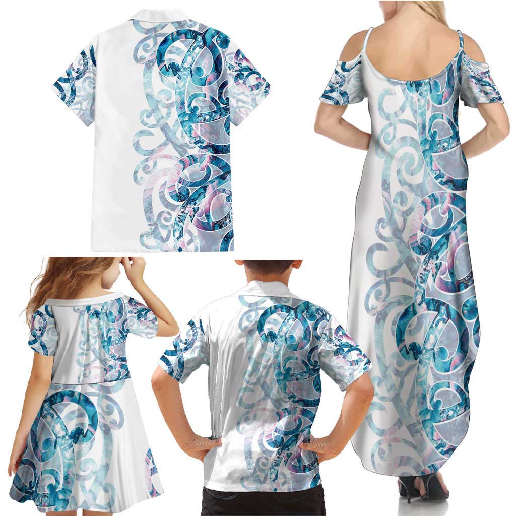 Turquoise Paua Shell Maori Family Matching Summer Maxi Dress and Hawaiian Shirt Koru Kowhaiwhai - Polynesian Pride