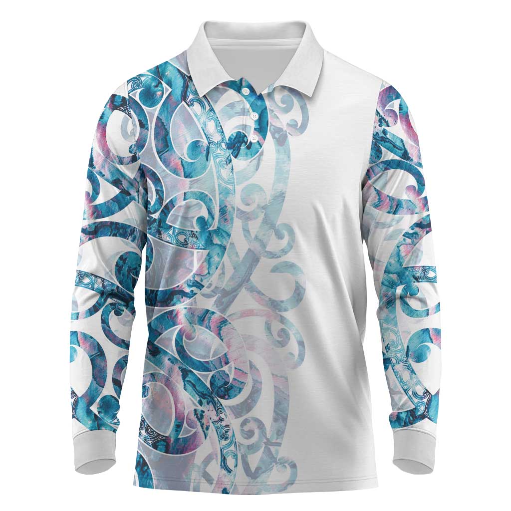 Turquoise Paua Shell Maori Long Sleeve Polo Shirt Koru Kowhaiwhai LT7 White - Polynesian Pride